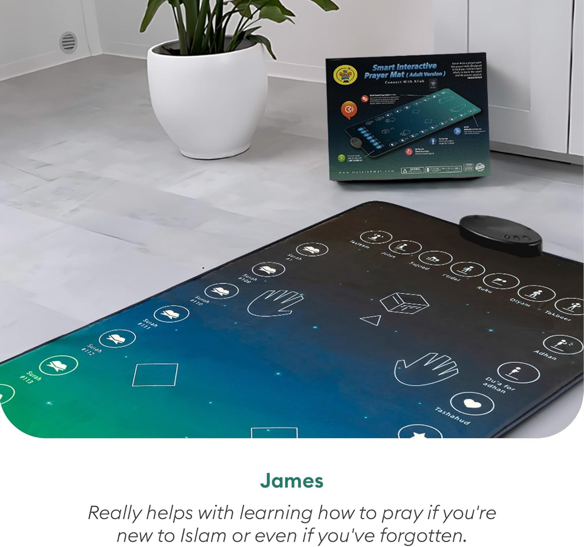 Interactive prayer mat with speaker module and printed prayer guidance symbols