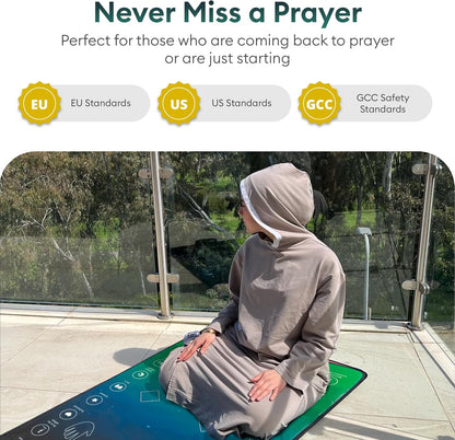 Interactive prayer mat shown in use, with touch-sensitive prayer position symbols